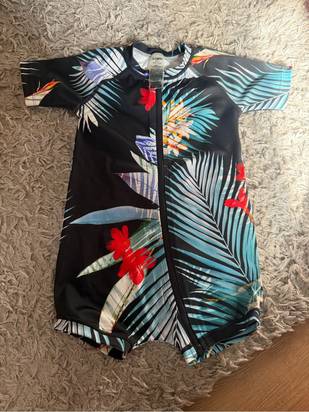 Bonds Kids Tropical Zip-Front Rashguard - Black/Teal/Red